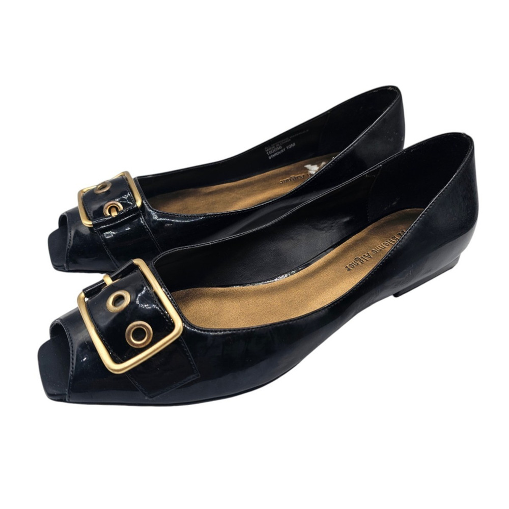 Etienne Aigner Womens Sz 10 Stardust Peep Toe Formal Shoes Black w/ Gold Buckle